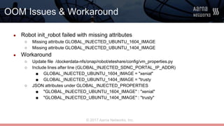 © 2017 Aarna Networks, Inc.
OOM Issues & Workaround
● Robot init_robot failed with missing attributes
○ Missing attribute ...