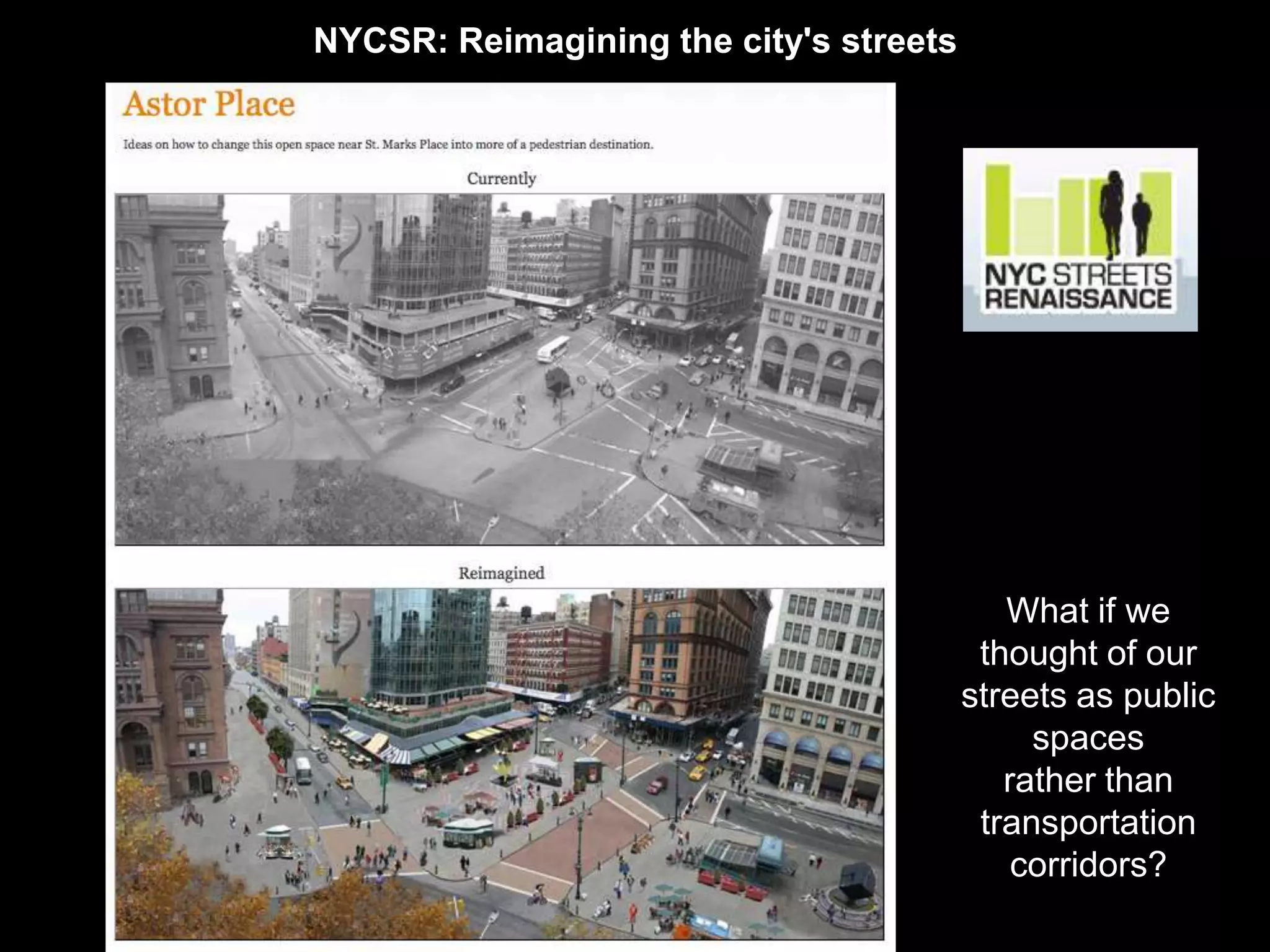 NYCSR: Reimagining the city's streets




                                           What if we
                                         thought of our
                                        streets as public
                                             spaces
                                           rather than
                                         transportation
                                            corridors?
 