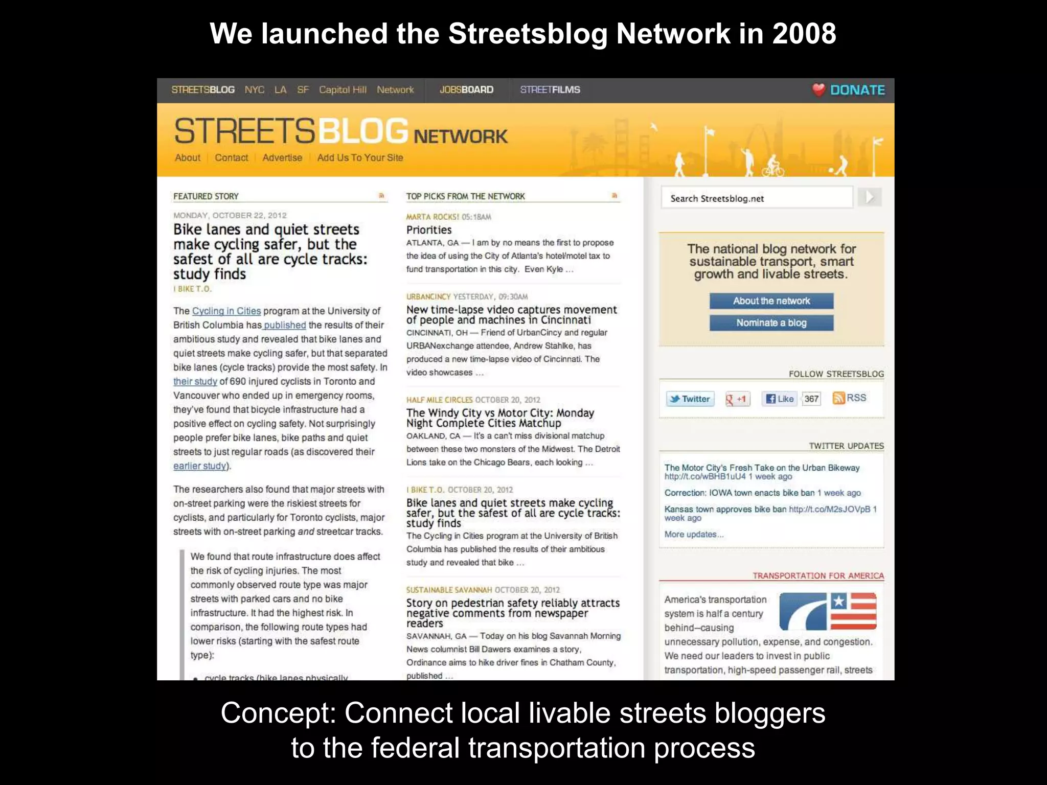 We launched the Streetsblog Network in 2008




Concept: Connect local livable streets bloggers
    to the federal transportation process
 