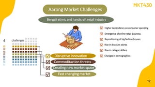 challenges
12
4
Disruptive innovation
Aarong Market Challenges
Commoditaztion threats
Creating new market space
Fast changing market
Higher dependency on consumer spending
Emergence of online retail business
Repositioning of big fashion houses
Rise in discount stores
Rise in category killers
Changes in demographics
Bengali ethnic and handicraft retail industry
MKT430
 