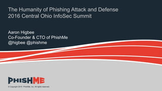© Copyright 2015 PhishMe, Inc. All rights reserved.© Copyright 2015 PhishMe, Inc. All rights reserved.
The Humanity of Phishing Attack and Defense
2016 Central Ohio InfoSec Summit
Aaron Higbee
Co-Founder & CTO of PhishMe
@higbee @phishme
 