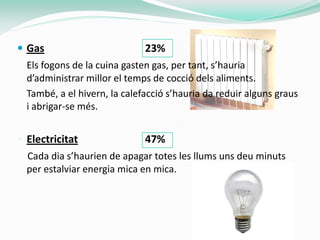  Gas                         23%
  Els fogons de la cuina gasten gas, per tant, s’hauria
  d’administrar millor el temps de cocció dels aliments.
  També, a el hivern, la calefacció s’hauria da reduir alguns graus
  i abrigar-se més.


 Electricitat                47%
  Cada dia s’haurien de apagar totes les llums uns deu minuts
  per estalviar energia mica en mica.
 