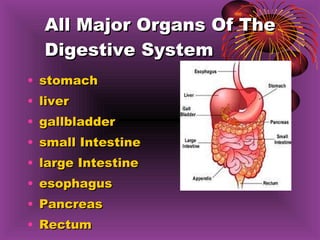 All Major Organs Of The Digestive System stomach liver gallbladder small Intestine large Intestine esophagus Pancreas Rectum 