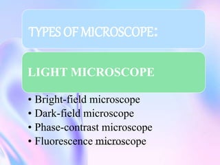 TYPES OF MICROSCOPE:
LIGHT MICROSCOPE
• Bright-field microscope
• Dark-field microscope
• Phase-contrast microscope
• Fluorescence microscope
 