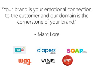 “Your brand is your emotional connection
to the customer and your domain is the
cornerstone of your brand.”
- Marc Lore

 