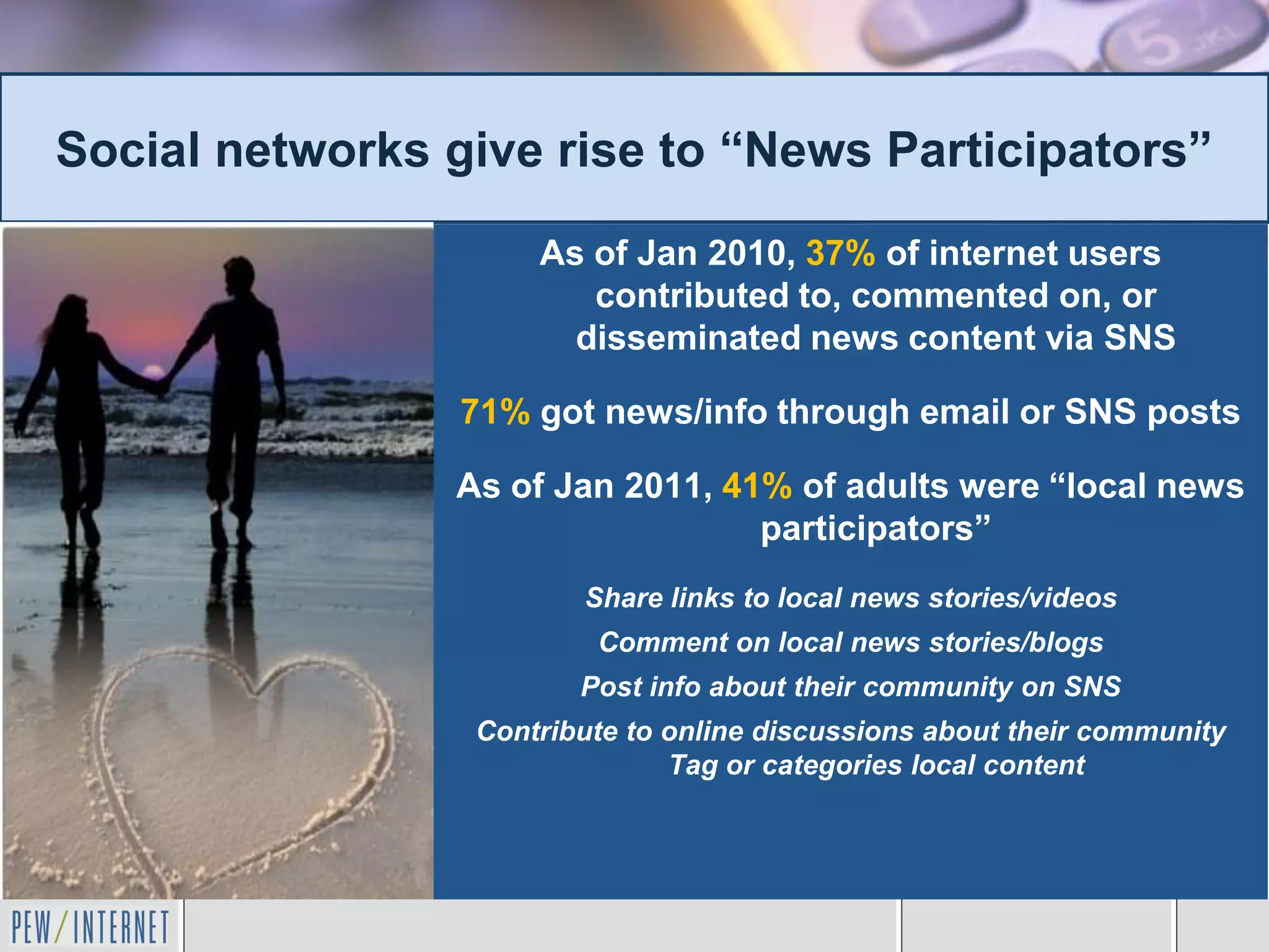 Social networks give rise to “News Participators”
                     As of Jan 2010, 37% of internet users
                        contributed to, commented on, or
                       disseminated news content via SNS

                 71% got news/info through email or SNS posts

                As of Jan 2011, 41% of adults were “local news
                                  participators”
                        Share links to local news stories/videos
                         Comment on local news stories/blogs
                        Post info about their community on SNS
                 Contribute to online discussions about their community
                               Tag or categories local content
 