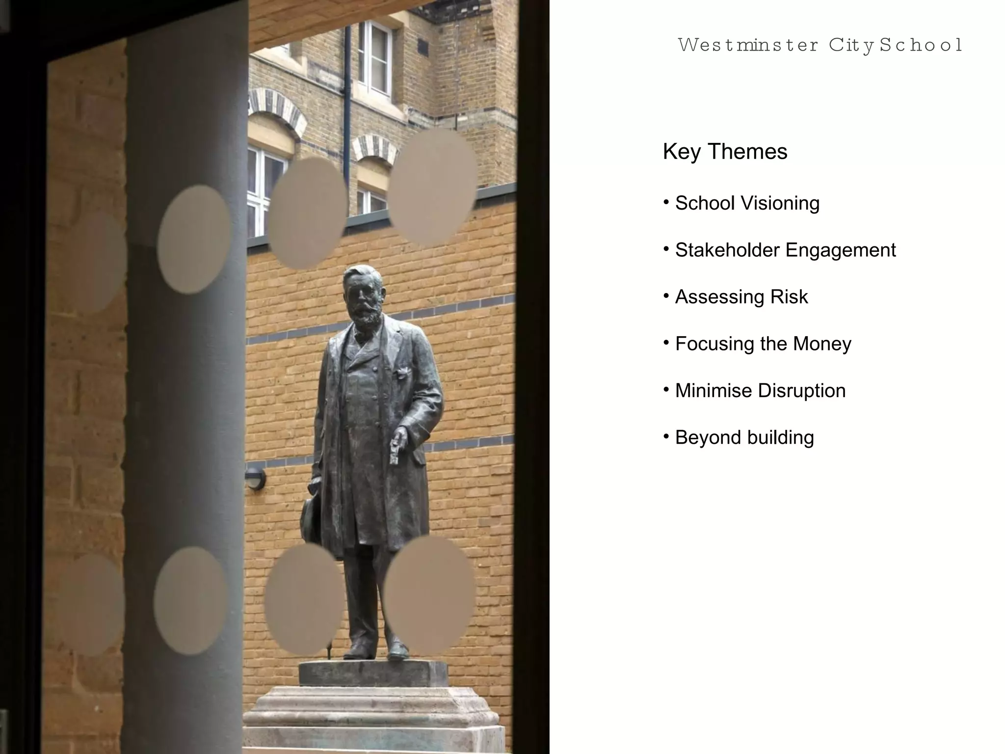 Westminster City School Key Themes School Visioning Stakeholder Engagement Assessing Risk Focusing the Money Minimise Disruption Beyond building 