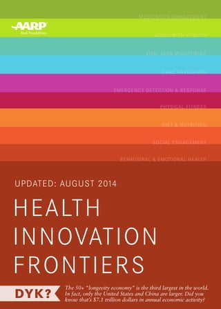 HEALTH 
INNOVATION 
FRONTIERS 
UPDATED: AUGUST 2014 
The 50+ “longevity economy” is the third largest in the world. 
In fact, only the United States and China are larger. Did you 
know that’s $7.1 trillion dollars in annual economic activity? 
MEDICATION MANAGEMENT 
AGING WITH VITALITY 
VITAL SIGN MONITORING 
CARE NAVIGATION 
EMERGENCY DETECTION & RESPONSE 
PHYSICAL FITNESS 
DIET & NUTRITION 
SOCIAL ENGAGEMENT 
BEHAVIORAL & EMOTIONAL HEALTH 
 