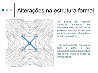 Alterações na estrutura formal
                  -os pilares das arcadas
                  interiores  aumentam     em
                  número e são colocados mais
                  próximos uns dos outros pois
                  os tramos eram retangulares
                  (e não quadrados);


                  - em contrapartida, ficam mais
                  finos    e altos,      o  que,
                  juntamente com a maior altura
                  dos tetos, criava a noção de
                  verticalidade.
 