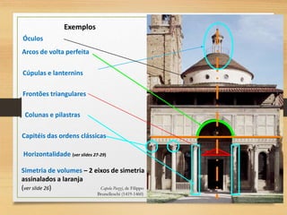 Capela Pazzi, de Filippo
Brunelleschi (1419-1460)
Simetria de volumes – 2 eixos de simetria
assinalados a laranja
(ver slide 26)
Horizontalidade (ver slides 27-29)
Frontões triangulares
Arcos de volta perfeita
Capitéis das ordens clássicas
Cúpulas e lanternins
Colunas e pilastras
Exemplos
Óculos
 