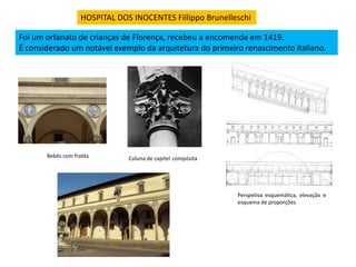 Foi um orfanato de crianças de Florença, recebeu a encomenda em 1419.
É considerado um notável exemplo da arquitetura do primeiro renascimento italiano.
Perspetiva esquemática, elevação e
esquema de proporções
Coluna de capitel compósitaBebés com fralda
HOSPITAL DOS INOCENTES Fillippo Brunelleschi
 