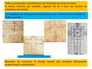 Todas as proporções arquitetônicas são derivados do corpo humano.
A cabeça humana, por exemplo, segundo ele foi a base das colunas na
arquitetura do templo.
Os Arquitetos do Renascimento acreditavam que "o homem era a medida de
todas as coisas."
Desenhos de Francesco di Giorgio ilustrar tais conceitos diretamente
proporcionais e vividamente.
Trattato di Architettura di Francesco di Giorgio Martini
 