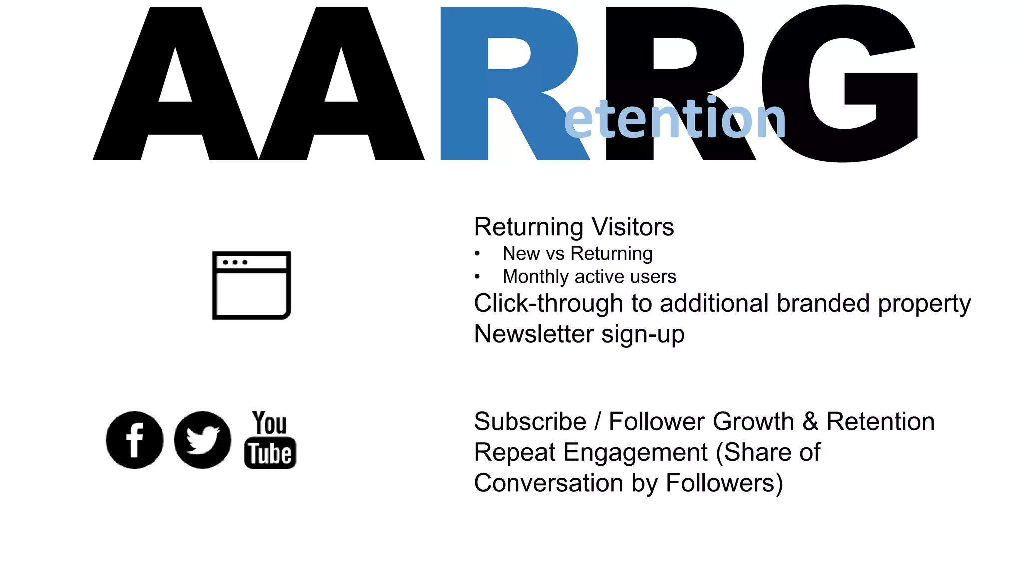 AARRGetention
Returning Visitors
• New vs Returning
• Monthly active users
Click-through to additional branded property
Newsletter sign-up
Subscribe / Follower Growth & Retention
Repeat Engagement (Share of
Conversation by Followers)
 