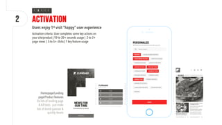 2
Users enjoy 1st visit "happy" user experience
Activation criteria: User completes some key actions on
your site/product | 10-to-30+ seconds usage | 2-to-3+
page views | 3-to-5+ clicks | 1 key feature usage
Homepage/Landing
page/Product features
Do lots of landing page
& A/B tests - just make
lots of dumb guesses &
quickly iterate
Activation
A
 