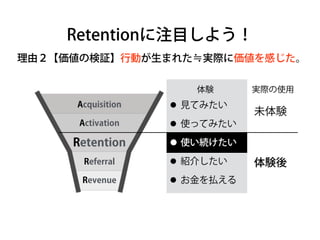 Acquisition
Activation
Retention
Referral
Revenue
理由２【価値の検証】行動が生まれた≒実際に価値を感じた。
未体験
体験後
体験 実際の使用
•見てみたい
•使ってみたい
•使い続けたい
•紹介したい
•お金を払える
Retentionに注目しよう！
 