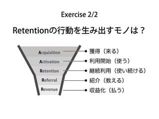 Exercise 2/2
Retentionの行動を生み出すモノは？
Acquisition
Activation
Retention
Referral
Revenue
•獲得（来る）
•利用開始（使う）
•継続利用（使い続ける）
•紹介（教える）
•収益化（払う）
 