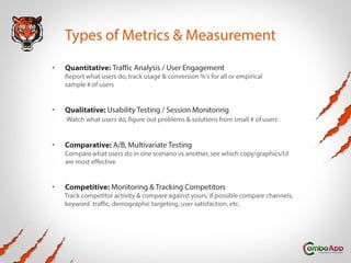 Mobile Marketing Agency
Conversion	
  Measurement
• Conversion	
  Criteria:	
  
– best-­‐performing	
  (%)	
  channels	
  
– largest-­‐volume	
  (#)	
  channels	
  
– lowest-­‐cost	
  ($)	
  channels	
  
!
• Measurement	
  Components:	
  
– Audience	
  Segment	
  (young	
  women,	
  teenagers,	
  older	
  singles)	
  
– Channel	
  Source	
  (social	
  network,	
  paid	
  downloads,	
  organic,	
  PR,	
  etc)	
  
– Campaign	
  Theme	
  /	
  Brand	
  Promise	
  (“Best	
  strategy	
  game”,	
  “Ultimate	
  
cooking	
  guide”)	
  
– Copy	
  &	
  Graphics
 