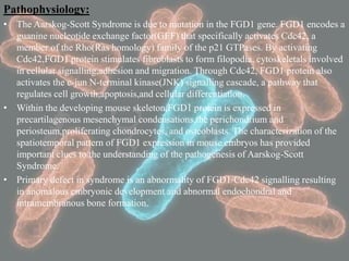 Pathophysiology:
• The Aarskog-Scott Syndrome is due to mutation in the FGD1 gene. FGD1 encodes a
guanine nucleotide exchange factor(GEF) that specifically activates Cdc42, a
member of the Rho(Ras homology) family of the p21 GTPases. By activating
Cdc42,FGD1 protein stimulates fibroblasts to form filopodia, cytoskeletals involved
in cellular signalling,adhesion and migration. Through Cdc42, FGD1 protein also
activates the c-jun N-terminal kinase(JNK) signalling cascade, a pathway that
regulates cell growth,apoptosis,and cellular differentiation.
• Within the developing mouse skeleton,FGD1 protein is expressed in
precartilagenous mesenchymal condensations,the perichondrium and
periosteum,proliferating chondrocytes, and osteoblasts. The characterization of the
spatiotemporal pattern of FGD1 expression in mouse embryos has provided
important clues to the understanding of the pathogenesis of Aarskog-Scott
Syndrome.
• Primary defect in syndrome is an abnormality of FGD1/Cdc42 signalling resulting
in anomalous embryonic development and abnormal endochondral and
intramembranous bone formation.
 