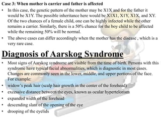 Case 3: When mother is carrier and father is affected
• In this case, the genetic pattern of the mother may be X1X and for the father it
would be X1Y. The possible inheritance here would be X1X1, X1Y, X1X, and XY.
Of the two chances of a female child, one can be highly infected while the other
remains a carrier. Similarly, there is a 50% chance for the boy child to be affected
while the remaining 50% will be normal.
• The above cases can differ accordingly when the mother has the disease , which is a
very rare case.
Diagnosis of Aarskog Syndrome
• Most signs of Aarskog syndrome are visible from the time of birth. Persons with this
syndrome have typical facial abnormalities, which is diagnostic in most cases.
Changes are commonly seen in the lower, middle, and upper portions of the face.
For example:
• widow’s peak hair (scalp hair growth in the center of the forehead)
• excessive distance between the eyes, known as ocular hypertelorism
• expanded width of the forehead
• descending slant of the opening of the eye
• drooping of the eyelids
 