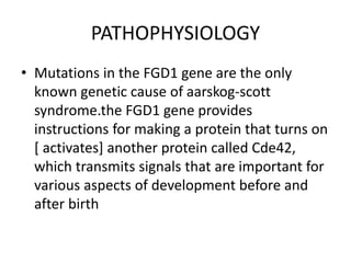 PATHOPHYSIOLOGY
• Mutations in the FGD1 gene are the only
known genetic cause of aarskog-scott
syndrome.the FGD1 gene provides
instructions for making a protein that turns on
[ activates] another protein called Cde42,
which transmits signals that are important for
various aspects of development before and
after birth
 
