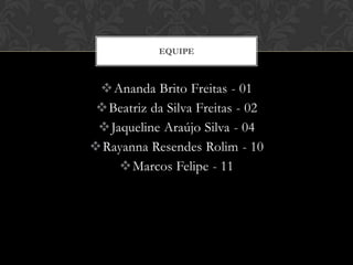 EQUIPE



 Ananda Brito Freitas - 01
Beatriz da Silva Freitas - 02
 Jaqueline Araújo Silva - 04
Rayanna Resendes Rolim - 10
    Marcos Felipe - 11
 
