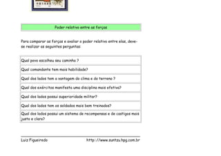 Poder relativo entre as forças


Para comparar as forças e avaliar o poder relativo entre elas, deve-
se realizar as seguintes perguntas:


Qual povo escolheu seu caminho ?

Qual comandante tem mais habilidade?

Qual dos lados tem a vantagem do clima e do terreno ?

Qual dos exércitos manifesta uma disciplina mais efetiva?

Qual dos lados possui superioridade militar?

Qual dos lados tem os soldados mais bem treinados?

Qual dos lados possui um sistema de recompensas e de castigos mais
justo e claro?



___________________________________________________
Luiz Figueiredo             http:://www.suntzu.hpg.com.br
 