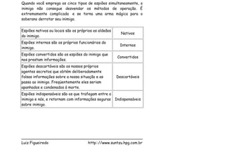 Quando você emprega os cinco tipos de espiões simultaneamente, o
inimigo não consegue desvendar os métodos de operação. É
extremamente complicada e se torna uma arma mágica para o
soberano derrotar seu inimigo.


Espiões nativos ou locais são os próprios os aldeãos
                                                         Nativos
do inimigo.
Espiões internos são os próprios funcionários do
                                                        Internos
inimigo.
Espiões convertidos são os espiões do inimigo que
                                                       Convertidos
nos prestam informações.
Espiões descartáveis são os nossos próprios
agentes secretos que obtém deliberadamente
falsas informações sobre a nossa situação e as         Descartáveis
passa ao inimigo. Freqüentemente eles seriam
apanhados e condenados à morte.
Espiões indispensáveis são os que trafegam entre o
inimigo e nós, e retornam com informações seguras Indispensáveis
sobre inimigo.




___________________________________________________
Luiz Figueiredo             http:://www.suntzu.hpg.com.br
 