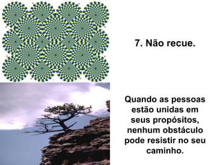 Quando as pessoas
estão unidas em
seus propósitos,
nenhum obstáculo
pode resistir no seu
caminho.
7. Não recue.
 