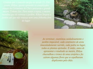 Contam que o conceito surgiu no século 15. Um
jovem, Rikyu, queria aprender os complicados
rituais da Cerimônia do Chá e procurou o grande
mestre Takeno Joo. Para testar o rapaz, o mestre
mandou que ele varresse o jardim. Rikyu limpou o
jardim até que não restasse nem uma folhinha fora
do lugar.
Ao terminar, examinou cuidadosamente o
jardim impecável, cada centímetro de areia
imaculadamente varrido, cada pedra no lugar,
todas as plantas ajeitadas. E então, antes de
apresentar o resultado ao mestre, Rikyu
chacoalhou o tronco de uma cerejeira e fez
caírem algumas flores que se espalharam
displicentes pelo chão.
 