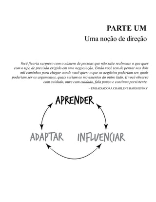 PARTE UM
Uma noção de direção
Você ficaria surpreso com o número de pessoas que não sabe realmente o que quer
com o tipo de precisão exigido em uma negociação. Então você tem de pensar nos dois
mil caminhos para chegar aonde você quer: o que os negócios poderiam ser, quais
poderiam ser os argumentos, quais seriam os movimentos do outro lado. E você observa
com cuidado, ouve com cuidado, fala pouco e continua persistente.
– EMBAIXADORA CHARLENE BARSHEFSKY
 