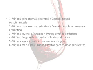 • 1 -Vinhos com aromas discretos > Comida pouco
  condimentada
  2 -Vinhos com aromas potentes > Comida com boa presença
  aromática
  3 -Vinhos jovens e frutados > Pratos simples e rústicos
  4 -Vinhos de guarda evoluídos > Pratos refinados
  5 -Vinhos leves > pratos com molhos magros
  6 -Vinhos mais estruturados > Pratos com molhos suculentos
 