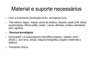 Material e suporte necessários
● Livro: a Fascinante Construção do Eu, de Augusto Cury;
● Fita métrica, régua, mapas, sacos de plástico, etiqueta, papel craft, folhas
quadriculadas, folhas sulfite, cestas , caixas, alfinetes, molde e almofadas
para agulhas.
● Recursos tecnológicos:
● Computador ( e-mail,programa LibreOffice Impress – eslides, word –
ofícios ), pen drive, celular, máquina fotográfica, projetor multimídia e
telefone.
● Transporte: ônibus
 