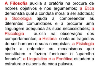 A Filosofia auxilia a oratória na procura de
nobres objetivos e nos argumentos; a Ética
demonstra qual a conduta moral a ser adotada;
a Sociologia ajuda a compreender as
diferentes comunidades e a procurar uma
linguagem adequada às suas necessidades; a
Psicologia      auxilia na observação dos
comportamentos; a História conta as tragédias
do ser humano e suas conquistas; a Fisiologia
ajuda a entender os mecanismos que
constituem e fazem funcionar o “aparelho
fonador”; a Linguística e a Fonética estudam a
estrutura e os sons de cada palavra.
 