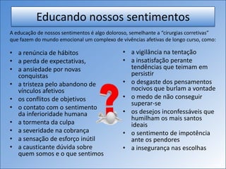 Educando nossos sentimentos
• a renúncia de hábitos
• a perda de expectativas,
• a ansiedade por novas
conquistas
• a tristeza pelo abandono de
vínculos afetivos
• os conflitos de objetivos
• o contato com o sentimento
da inferioridade humana
• a tormenta da culpa
• a severidade na cobrança
• a sensação de esforço inútil
• a causticante dúvida sobre
quem somos e o que sentimos
• a vigilância na tentação
• a insatisfação perante
tendências que teimam em
persistir
• o desgaste dos pensamentos
nocivos que burlam a vontade
• o medo de não conseguir
superar-se
• os desejos inconfessáveis que
humilham os mais santos
ideais
• o sentimento de impotência
ante os pendores
• a insegurança nas escolhas
A educação de nossos sentimentos é algo doloroso, semelhante a “cirurgias corretivas”
que fazem do mundo emocional um complexo de vivências afetivas de longo curso, como:
 