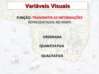 FUNÇÃO: TRANSMITIR AS INFORMAÇÕES
REPRESENTADAS NO MAPA
ORDENADA
QUANTITATIVA
QUALITATIVA
Variáveis VisuaisVariáveis VisuaisVariáveis VisuaisVariáveis Visuais
 