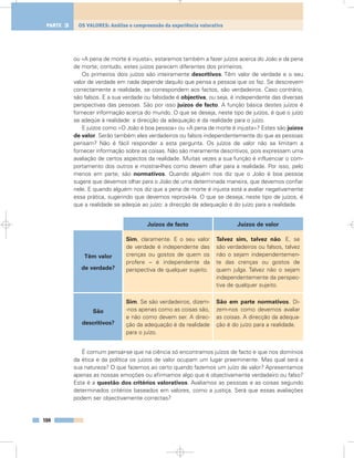 ou «A pena de morte é injusta», estaremos também a fazer juízos acerca do João e da pena
de morte; contudo, estes juízos parecem diferentes dos primeiros.
Os primeiros dois juízos são inteiramente descritivos. Têm valor de verdade e o seu
valor de verdade em nada depende daquilo que pensa a pessoa que os faz. Se descrevem
correctamente a realidade, se correspondem aos factos, são verdadeiros. Caso contrário,
são falsos. E a sua verdade ou falsidade é objectiva, ou seja, é independente das diversas
perspectivas das pessoas. São por isso juízos de facto. A função básica destes juízos é
fornecer informação acerca do mundo. O que se deseja, neste tipo de juízos, é que o juízo
se adeqúe à realidade: a direcção da adequação é da realidade para o juízo.
E juízos como «O João é boa pessoa» ou «A pena de morte é injusta»? Estes são juízos
de valor. Serão também eles verdadeiros ou falsos independentemente do que as pessoas
pensam? Não é fácil responder a esta pergunta. Os juízos de valor não se limitam a
fornecer informação sobre as coisas. Não são meramente descritivos, pois expressam uma
avaliação de certos aspectos da realidade. Muitas vezes a sua função é influenciar o com-
portamento dos outros e mostrar-lhes como devem olhar para a realidade. Por isso, pelo
menos em parte, são normativos. Quando alguém nos diz que o João é boa pessoa
sugere que devemos olhar para o João de uma determinada maneira, que devemos confiar
nele. E quando alguém nos diz que a pena de morte é injusta está a avaliar negativamente
essa prática, sugerindo que devemos reprová-la. O que se deseja, neste tipo de juízos, é
que a realidade se adeqúe ao juízo: a direcção da adequação é do juízo para a realidade.
É comum pensar-se que na ciência só encontramos juízos de facto e que nos domínios
da ética e da política os juízos de valor ocupam um lugar preeminente. Mas qual será a
sua natureza? O que fazemos ao certo quando fazemos um juízo de valor? Apresentamos
apenas as nossas emoções ou afirmamos algo que é objectivamente verdadeiro ou falso?
Esta é a questão dos critérios valorativos. Avaliamos as pessoas e as coisas segundo
determinados critérios baseados em valores, como a justiça. Será que essas avaliações
podem ser objectivamente correctas?
104
OS VALORES: Análise e compreensão da experiência valorativaPARTE 3
Têm valor
de verdade?
São
descritivos?
Juízos de facto
Sim, claramente. E o seu valor
de verdade é independente das
crenças ou gostos de quem os
profere – é independente da
perspectiva de qualquer sujeito.
Sim. Se são verdadeiros, dizem-
-nos apenas como as coisas são,
e não como devem ser. A direc-
ção da adequação é da realidade
para o juízo.
São em parte normativos. Di-
zem-nos como devemos avaliar
as coisas. A direcção da adequa-
ção é do juízo para a realidade.
Juízos de valor
Talvez sim, talvez não. E, se
são verdadeiros ou falsos, talvez
não o sejam independentemen-
te das crenças ou gostos de
quem julga. Talvez não o sejam
independentemente da perspec-
tiva de qualquer sujeito.
 