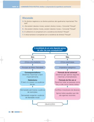 Discussão
3. Os direitos negativos e os direitos positivos são igualmente importantes? Por-
quê?
4. «Se existem deveres morais, existem direitos morais.» Concorda? Porquê?
5. «Se existem direitos morais, existem deveres morais.» Concorda? Porquê?
6. O utilitarismo é compatível com a existência de direitos? Porquê?
7. A ética kantiana é compatível com a existência de direitos? Porquê?
184
A DIMENSÃO ÉTICO-POLÍTICA: Análise e compreensão da experiência convivencialPARTE 4
Sim Não
ÉTICA KANTIANA
Imperativo categórico
Fórmula da lei universal
Devemos agir apenas segundo
máximas universalizáveis.
Fórmula do fim em si
Devemos tratar as pessoas como
fins, e não como meros meios.
ÉTICA UTILITARISTA
Princípio da Maior Felicidade
Consequencialismo
Devemos maximizar o bem
imparcialmente.
Hedonismo
O bem é o prazer e a ausência
de dor.
Conflitos irresolúveis de deveres.
Ignora todos aqueles que não
são agentes racionais.
Demasiado permissiva: ausência
de restrições.
Demasiado exigente: ausência
de liberdade moral.
A moralidade de um acto depende apenas
do valor das suas consequências?
OBJECÇÕES
 