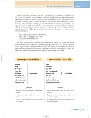 Quando a Ana diz «Concordo que não é muito bonito» está apenas a responder ao
Mário. Esta informação é importante para o diálogo, mas não desempenha qualquer papel
argumentativo directo. Importante é o que ela diz logo a seguir: «Nem toda a arte tem de
ser bela». Esta frase exprime a ideia principal da Ana, ou seja, a conclusão que ela quer
defender. Quando o Mário lhe pergunta por que razão ela pensa isso, a resposta é a pri-
meira premissa do seu argumento: «Nem tudo o que os artistas fazem é belo». E quando
o Mário diz que essa premissa não sustenta a conclusão da Ana, ela acrescenta uma
segunda premissa: «Tudo o que os artistas fazem é arte». Reescrevendo o argumento,
obtemos o seguinte:
Nem tudo o que os artistas fazem é belo.
Tudo o que os artistas fazem é arte.
Logo, nem toda a arte é bela.
Por vezes, usamos certas palavras com o objectivo de indicar que a frase seguinte é
uma conclusão ou uma premissa. A palavra «logo», por exemplo, é um indicador de con-
clusão: significa que a frase seguinte é uma conclusão. Assim, os indicadores de premissa
e de conclusão ajudam-nos a identificar argumentos. Contudo, nem sempre se usam es-
tes termos, e nem sempre estes termos indicam premissas e conclusões.
43
A dimensão discursiva do trabalho filosófico Capítulo 3
INDICADORES DE PREMISSA
porque
pois
dado que
visto que
devido a premissa.
a razão é que
admitindo que
sabendo-se que
supondo que
Exemplos
• Não temos livre-arbítrio porque tudo é deter-
minado.
• Porque tudo é determinado, não temos livre-
-arbítrio.
• Supondo que tudo é determinado, não temos
livre-arbítrio.
INDICADORES DE CONCLUSÃO
logo
portanto
por isso
por conseguinte
implica que conclusão.
daí que
segue-se que
pode-se inferir que
consequentemente
Exemplos
• Tudo é determinado; logo, não temos livre-
-arbítrio.
• De tudo ser determinado segue-se que não
temos livre-arbítrio.
• Tudo é determinado; consequentemente, não
temos livre-arbítrio.
 