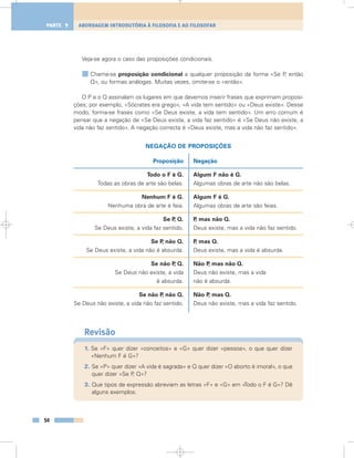 Veja-se agora o caso das proposições condicionais.
Chama-se proposição condicional a qualquer proposição da forma «Se P, então
Q», ou formas análogas. Muitas vezes, omite-se o «então».
O P e o Q assinalam os lugares em que devemos inserir frases que exprimam proposi-
ções; por exemplo, «Sócrates era grego», «A vida tem sentido» ou «Deus existe». Desse
modo, forma-se frases como «Se Deus existe, a vida tem sentido». Um erro comum é
pensar que a negação de «Se Deus existe, a vida faz sentido» é «Se Deus não existe, a
vida não faz sentido». A negação correcta é «Deus existe, mas a vida não faz sentido».
NEGAÇÃO DE PROPOSIÇÕES
Revisão
1. Se «F» quer dizer «conceitos» e «G» quer dizer «pessoa», o que quer dizer
«Nenhum F é G»?
2. Se «P» quer dizer «A vida é sagrada» e Q quer dizer «O aborto é imoral», o que
quer dizer «Se P, Q»?
3. Que tipos de expressão abreviam as letras «F» e «G» em «Todo o F é G»? Dê
alguns exemplos.
54
ABORDAGEM INTRODUTÓRIA À FILOSOFIA E AO FILOSOFARPARTE 1
Proposição
Todo o F é G.
Todas as obras de arte são belas.
Nenhum F é G.
Nenhuma obra de arte é feia.
Se P, Q.
Se Deus existe, a vida faz sentido.
Se P, não Q.
Se Deus existe, a vida não é absurda.
Se não P, Q.
Se Deus não existe, a vida
é absurda.
Se não P, não Q.
Se Deus não existe, a vida não faz sentido.
Negação
Algum F não é G.
Algumas obras de arte não são belas.
Algum F é G.
Algumas obras de arte são feias.
P, mas não Q.
Deus existe, mas a vida não faz sentido.
P, mas Q.
Deus existe, mas a vida é absurda.
Não P, mas não Q.
Deus não existe, mas a vida
não é absurda.
Não P, mas Q.
Deus não existe, mas a vida faz sentido.
 