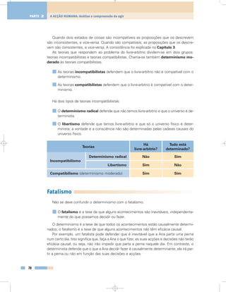 Quando dois estados de coisas são incompatíveis as proposições que os descrevem
são inconsistentes, e vice-versa. Quando são compatíveis, as proposições que os descre-
vem são consistentes, e vice-versa. A consistência foi explicada no Capítulo 3.
As teorias que respondem ao problema do livre-arbítrio dividem-se em dois grupos:
teorias incompatibilistas e teorias compatibilistas. Chama-se também determinismo mo-
derado às teorias compatibilistas.
As teorias incompatibilistas defendem que o livre-arbítrio não é compatível com o
determinismo.
As teorias compatibilistas defendem que o livre-arbítrio é compatível com o deter-
minismo.
Há dois tipos de teorias incompatibilistas:
O determinismo radical defende que não temos livre-arbítrio e que o universo é de-
terminista.
O libertismo defende que temos livre-arbítrio e que só o universo físico é deter-
minista: a vontade e a consciência não são determinadas pelas cadeias causais do
universo físico.
Fatalismo
Não se deve confundir o determinismo com o fatalismo.
O fatalismo é a tese de que alguns acontecimentos são inevitáveis, independente-
mente do que possamos decidir ou fazer.
O determinismo é a tese de que todos os acontecimentos estão causalmente determi-
nados; o fatalismo é a tese de que alguns acontecimentos não têm eficácia causal.
Por exemplo, um fatalista pode defender que é inevitável que a Ana parta uma perna
num certo dia. Isto significa que, faça a Ana o que fizer, as suas acções e decisões não terão
eficácia causal; ou seja, não irão impedir que parta a perna naquele dia. Em contraste, o
determinista defende que o que a Ana decidir fazer é causalmente determinante; ela irá par-
tir a perna ou não em função das suas decisões e acções.
78
A ACÇÃO HUMANA: Análise e compreensão do agirPARTE 2
Teorias
Há
livre-arbítrio?
Tudo está
determinado?
Determinismo radical Não
Sim
Sim
Sim
Não
Sim
Libertismo
Compatibilismo (determinismo moderado)
Incompatibilismo
 
