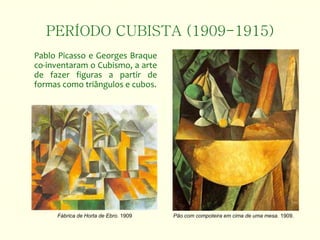 PERÍODO CUBISTA (1909-1915)
Pablo Picasso e Georges Braque
co-inventaram o Cubismo, a arte
de fazer figuras a partir de
formas como triângulos e cubos.
Pão com compoteira em cima de uma mesa. 1909.Fábrica de Horta de Ebro. 1909
 