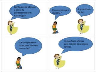 Gente, preste atenção
o que está
acontecendo com
nosso lugar!
O que professora
Cristiane?
A quantidade
de lixo.
E o que podemos
fazer para diminuir
com o lixo?
Vamos fazer oficinas
para reciclar os resíduos
sólidos.