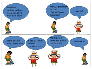 Boa ideia
professora! Com
isso a cidade irá
ficar mais limpa.
Maria, a professora
irá fazer
oficinas.Vamos
participar?
Vamos!
Claro que sim
Ana. Vai ser bom.
É isso aí! Temos
que nos
conscientizar!
Assisti ontem
sobre isso e achei
um absurdo!
E o que foi?