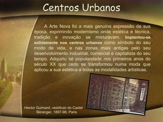 Centros Urbanos
           A Arte Nova foi a mais genuína expressão da sua
     época, exprimindo modernismo onde estética e técnica,
     tradição e inovação se misturavam. Implantou-se
     solidamente nos centros urbanos como símbolo do seu
     modo de vida, e nas zonas mais antigas pelo seu
     desenvolvimento industrial, comercial e capitalista do seu
     tempo. Adquiriu tal popularidade nos primeiros anos do
     século XX que cedo se transformou numa moda que
     aplicou a sua estética a todas as modalidades artísticas.




Hector Guimard, vestíbulo do Castel
       Béranger, 1897-98, Paris
 