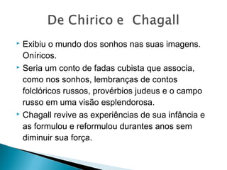 Exibiu o mundo dos sonhos nas suas imagens.
Oníricos.
 Seria um conto de fadas cubista que associa,
como nos sonhos, lembranças de contos
folclóricos russos, provérbios judeus e o campo
russo em uma visão esplendorosa.
 Chagall revive as experiências de sua infância e
as formulou e reformulou durantes anos sem
diminuir sua força.


 
