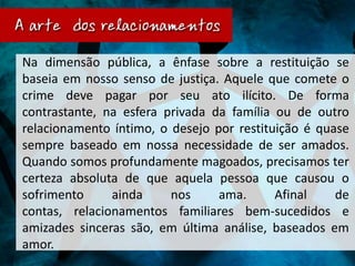 Na dimensão pública, a ênfase sobre a restituição se
baseia em nosso senso de justiça. Aquele que comete o
crime deve pagar por seu ato ilícito. De forma
contrastante, na esfera privada da família ou de outro
relacionamento íntimo, o desejo por restituição é quase
sempre baseado em nossa necessidade de ser amados.
Quando somos profundamente magoados, precisamos ter
certeza absoluta de que aquela pessoa que causou o
sofrimento     ainda     nos     ama.      Afinal    de
contas, relacionamentos familiares bem-sucedidos e
amizades sinceras são, em última análise, baseados em
amor.
 