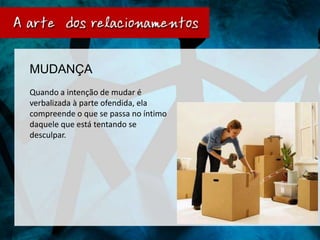 MUDANÇA
Quando a intenção de mudar é
verbalizada à parte ofendida, ela
compreende o que se passa no íntimo
daquele que está tentando se
desculpar.
 