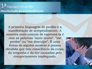 1ª linguagem do perdão:
Manifestação de arrependimento




     A primeira linguagem do perdão é a
     manifestação de arrependimento. A
   maneira mais comum de expressá-la é
     com as palavras "sinto muito“, “me
       perdoe” ou “me desculpe”. É uma
      forma de alguém mostrar à pessoa
   ofendida que tem consciência da culpa,
     da vergonha e da dor causadas pelo
         comportamento inadequado.
 