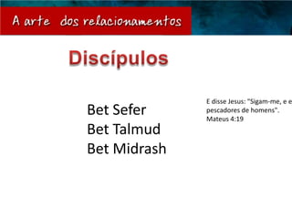 E disse Jesus: "Sigam-me, e e
Bet Sefer     pescadores de homens".
              Mateus 4:19
Bet Talmud
Bet Midrash
 