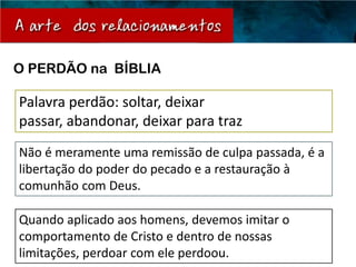 O PERDÃO na BÍBLIA

Palavra perdão: soltar, deixar
passar, abandonar, deixar para traz
Não é meramente uma remissão de culpa passada, é a
libertação do poder do pecado e a restauração à
comunhão com Deus.

Quando aplicado aos homens, devemos imitar o
comportamento de Cristo e dentro de nossas
limitações, perdoar com ele perdoou.
 